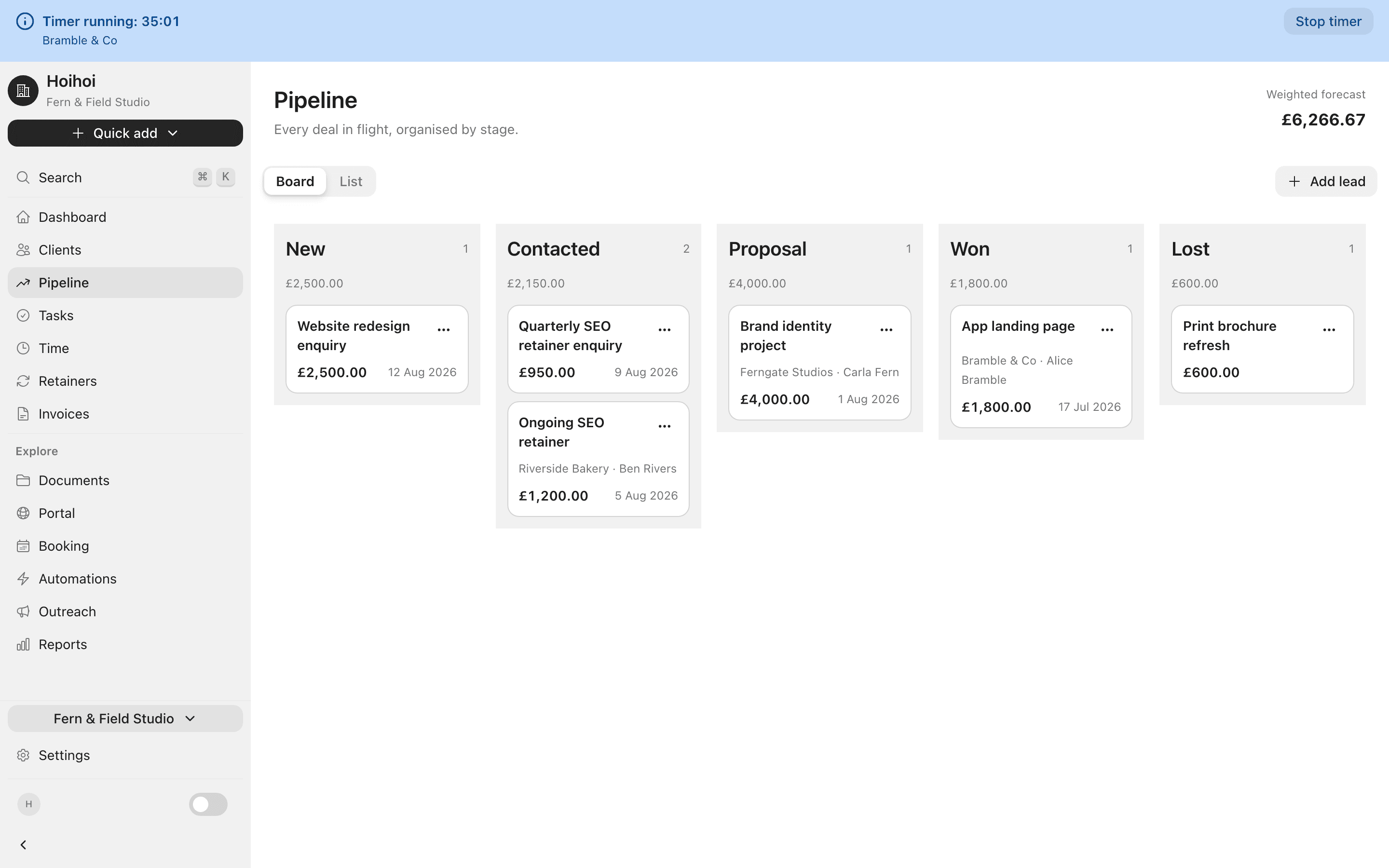 Hoihoi pipeline board with leads spread across stages, each showing a deal value and a running weighted forecast