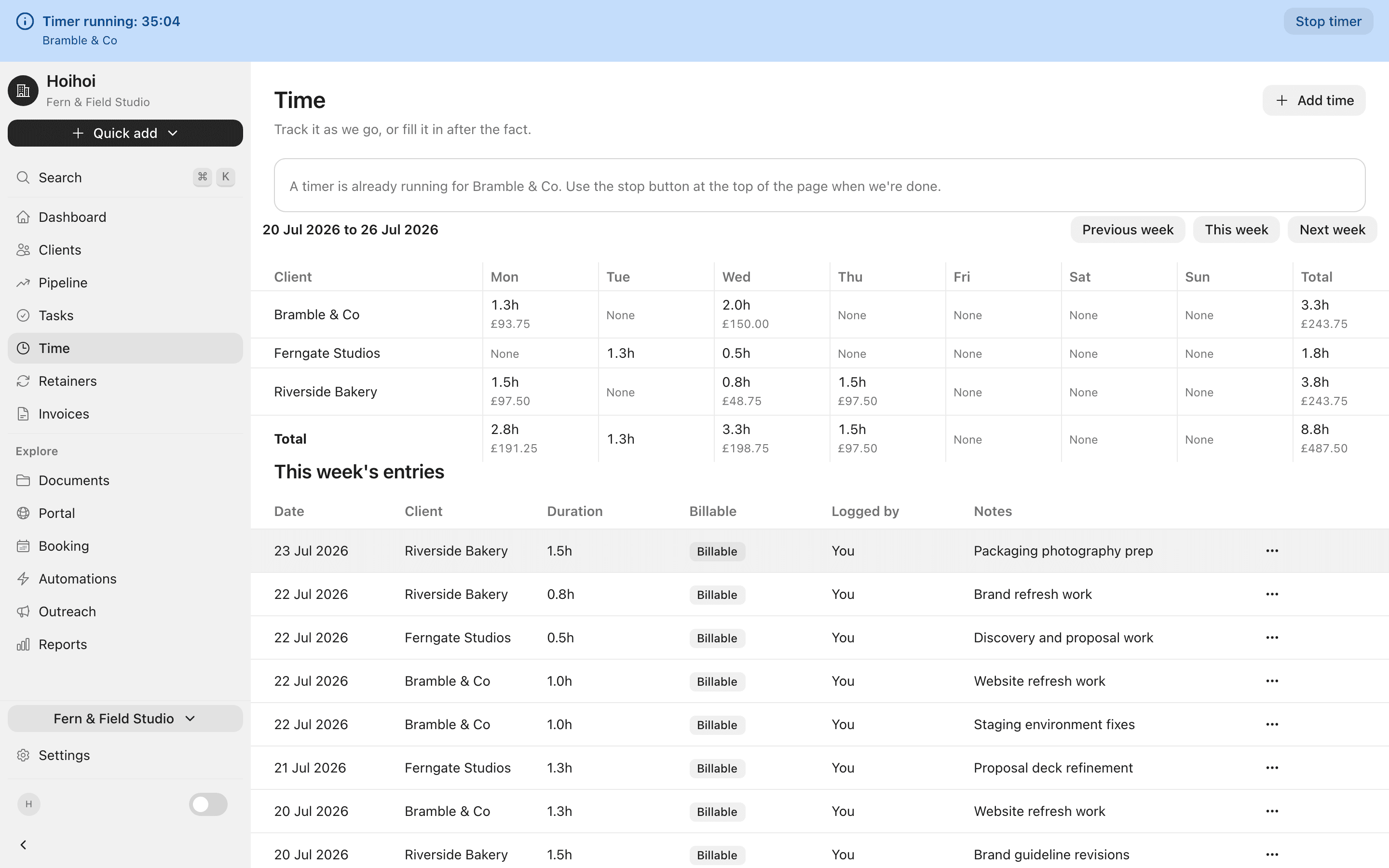 Hoihoi weekly timesheet with a running timer and hours logged against each client through the week